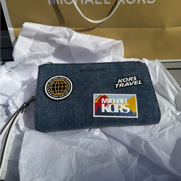 Michael Kors Jet Set Travel Large Embellished Denim Wristlet/wallet